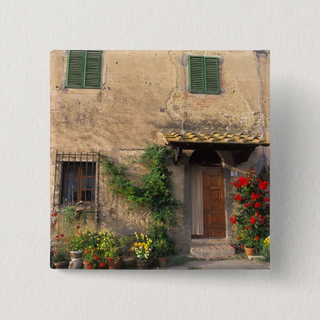 Chapa Cuadrada Hermosa casa antigua con flores en San Gimignano (Anverso)