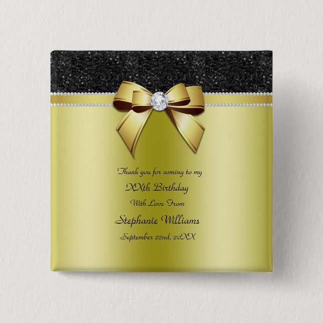 Chapa Cuadrada Hermosa Posh Gold y Black Jewel Favor de cumpleaño (Anverso)