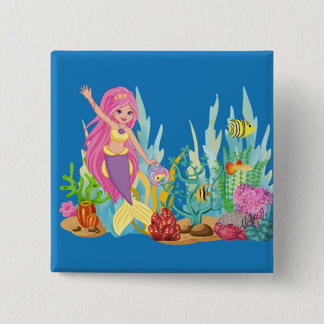 Chapa Cuadrada Hermosa sirena PINK PELO jugando en el mar (Anverso)