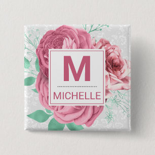 Chapa Cuadrada Hermoso Monograma de Rosas de Jardín Rosa