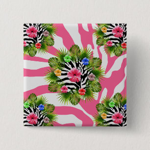 Chapa Cuadrada Hibisco tropical y rayas exóticas de cebra rosa