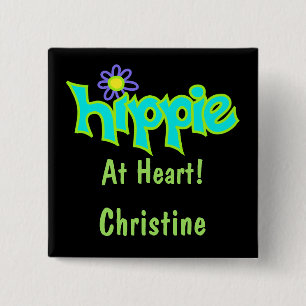 Chapa Cuadrada Hippie en el corazón Turquesa Art Black Name Badge