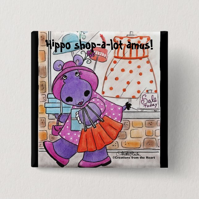 Chapa Cuadrada Hippo Shopping-Hippo shop-a-lot amus! (Anverso)