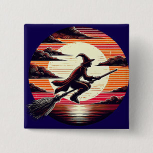 Chapa Cuadrada Hombres Witch equitación Broom in sunset art ilust