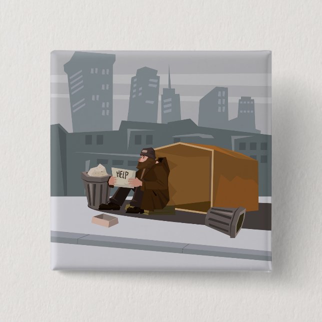 Chapa Cuadrada Homeless Man Holding Help Sign Urban Poverty (Anverso)