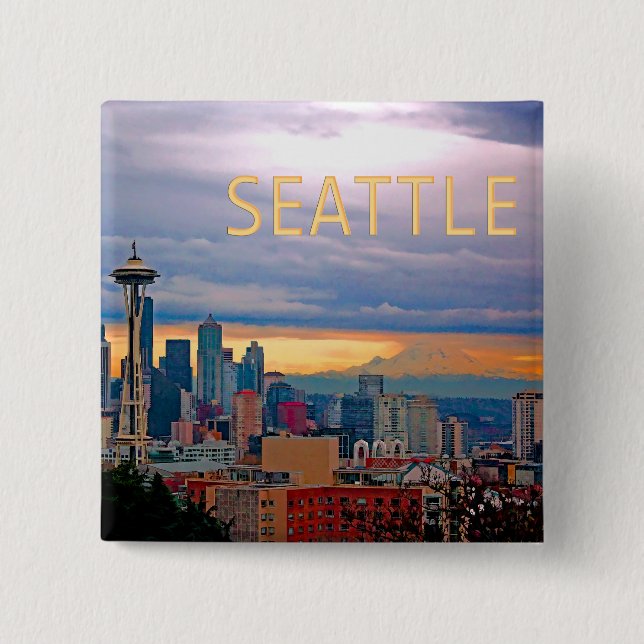 Chapa Cuadrada Horizonte de Seattle Washington en el TEXTO (Anverso)