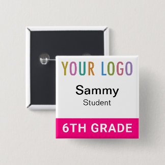 Chapa Cuadrada Hot Pink Student Name Tag Button with School Logo