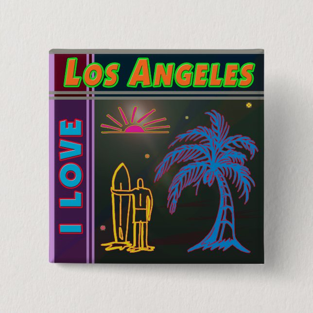Chapa Cuadrada "I LOI Los Angeles" Sol, Palm Tree&Surfer Button (Anverso)