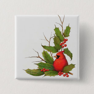 Chapa Cuadrada Ilustracion a mano del navidad: Acebo, cardinal