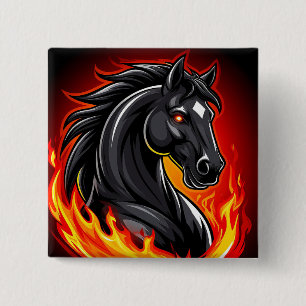 Chapa Cuadrada Ilustración de caballo negro ardiente con ojos bri
