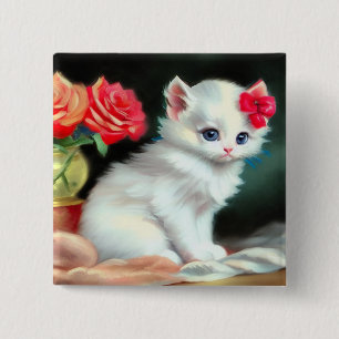 Chapa Cuadrada Ilustracion de gatito blanco con flores rojas