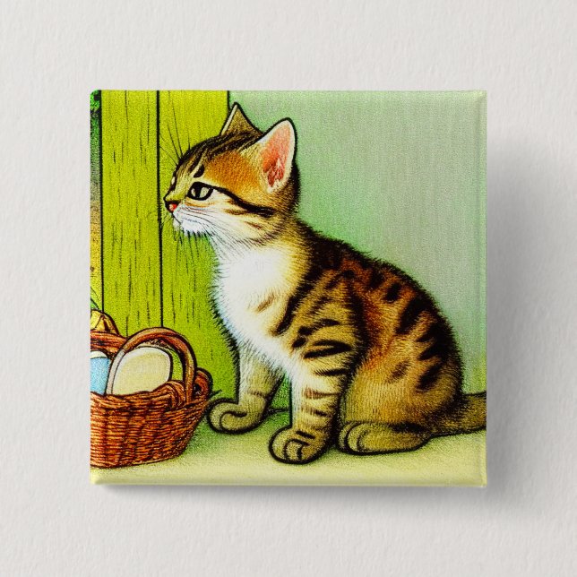 Chapa Cuadrada Ilustracion de gato de tabby de época (Anverso)