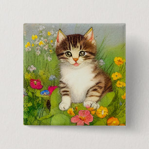 Chapa Cuadrada Ilustracion de gato sonriente vintage