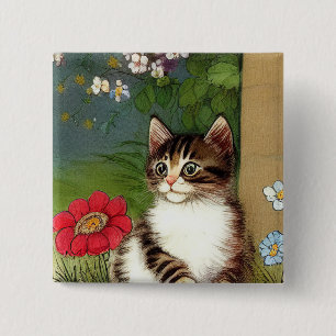 Chapa Cuadrada Ilustracion de gato vintage con flores de primaver