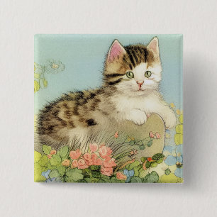 Chapa Cuadrada Ilustracion de gato vintage con flores rosas