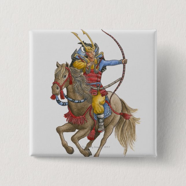 Chapa Cuadrada Ilustracion de Samurai a caballo sosteniendo el ar (Anverso)
