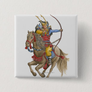 Chapa Cuadrada Ilustracion de Samurai a caballo sosteniendo el ar