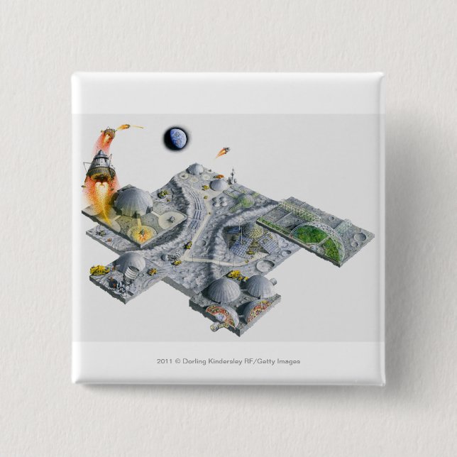 Chapa Cuadrada Ilustracion de una base futurista en la luna (Anverso)