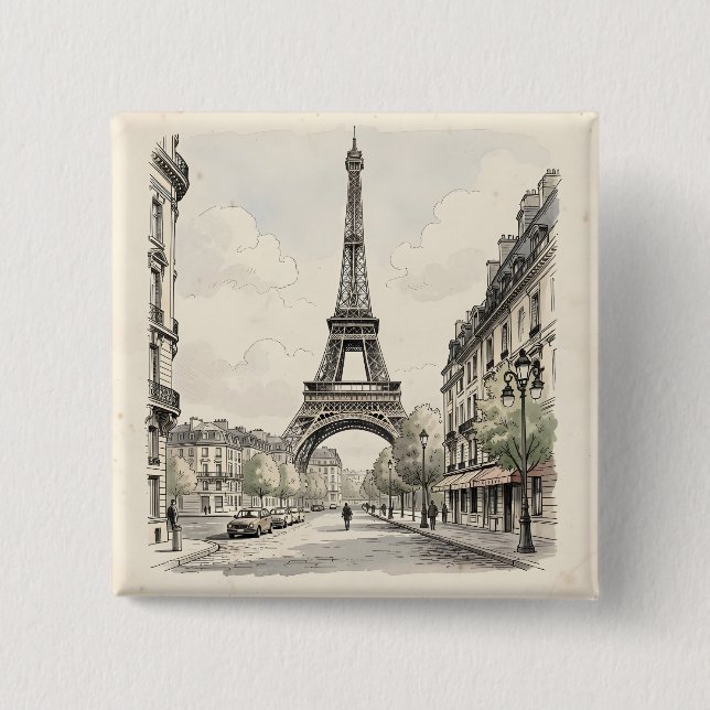 Chapa Cuadrada Ilustración de viaje antigua de París (Anverso)