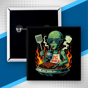 Chapa Cuadrada Ilustración divertida de barbacoa alienígena retro
