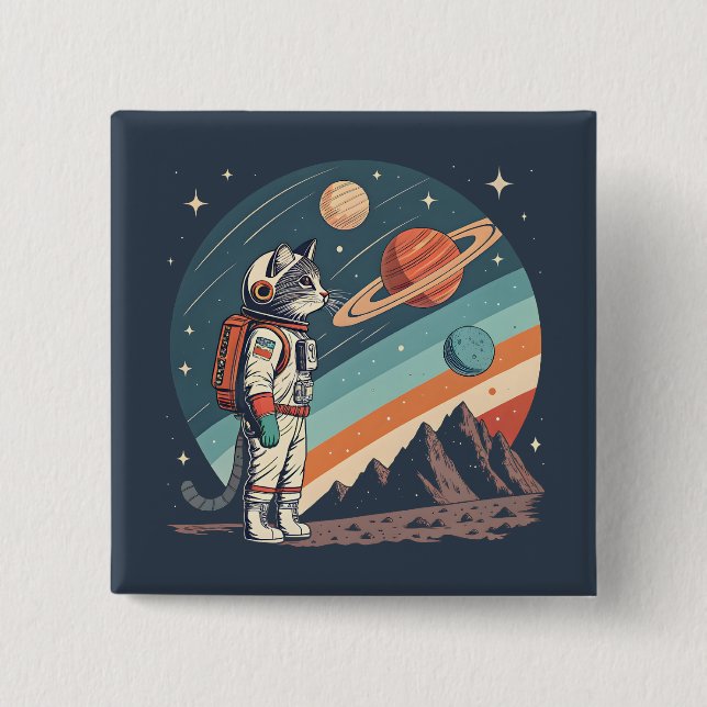 Chapa Cuadrada Ilustración Retro de Gato Astronauta en el Espacio (Anverso)
