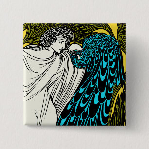 Chapa Cuadrada Ilustraciones del pavo real de Nouveau del arte -