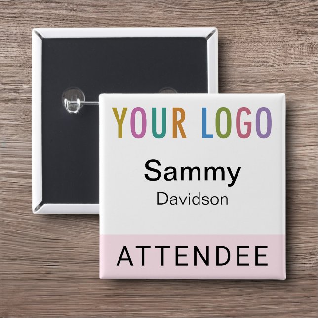 Chapa Cuadrada Insignia de nombre de asistente rosa con el logoti (MISOOK Square Pin Back Button for Attendee with Logo Pink)