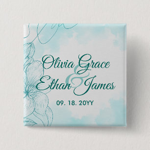 Chapa Cuadrada Invitación de boda floral elegante en acuarela azu
