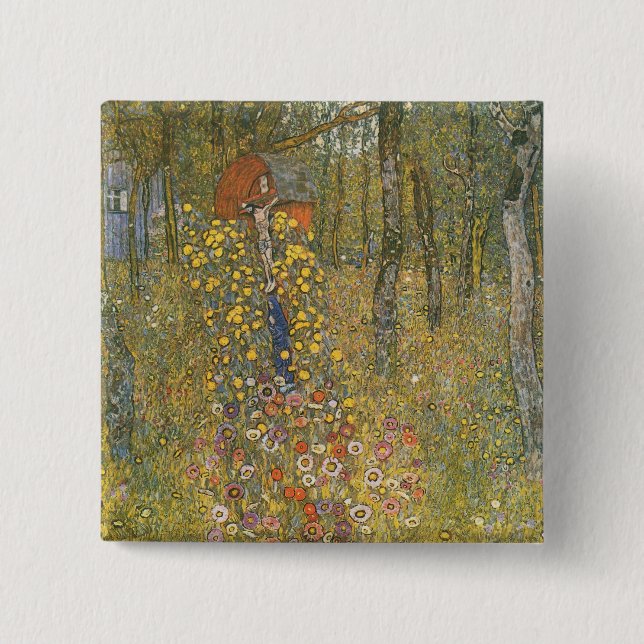 Chapa Cuadrada Jardín de granja con crucifijo (por Gustav Klimt) (Anverso)