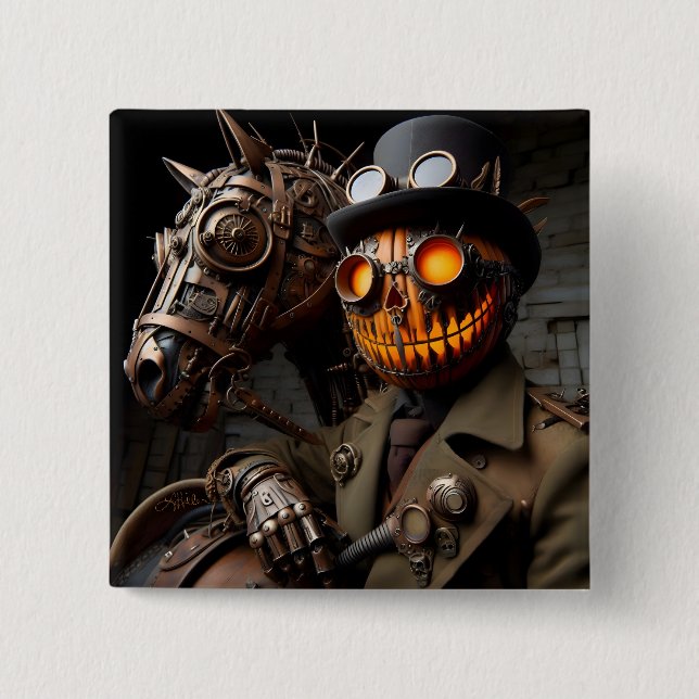 Chapa Cuadrada Jinete de la Calabaza de Halloween Steampunk (Anverso)