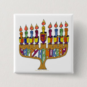 Chapa Cuadrada Judaica Happy Hanukkah Dreidel Menorah