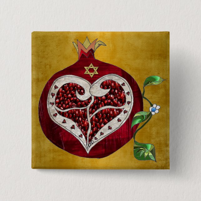 Chapa Cuadrada Judaica Pomegranate Heart Hanukkah Rosh Hashanah (Anverso)