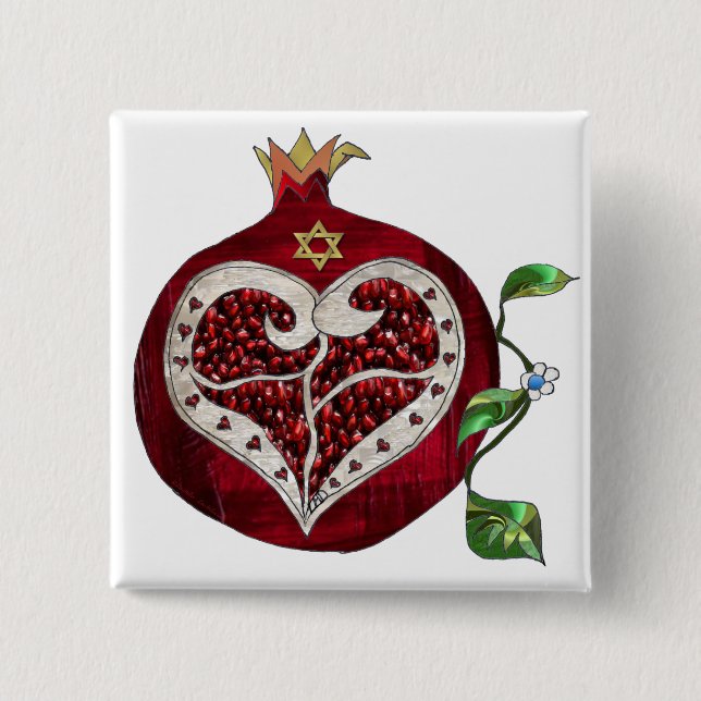 Chapa Cuadrada Judaica Pomegranate Heart Hanukkah Rosh Hashanah (Anverso)