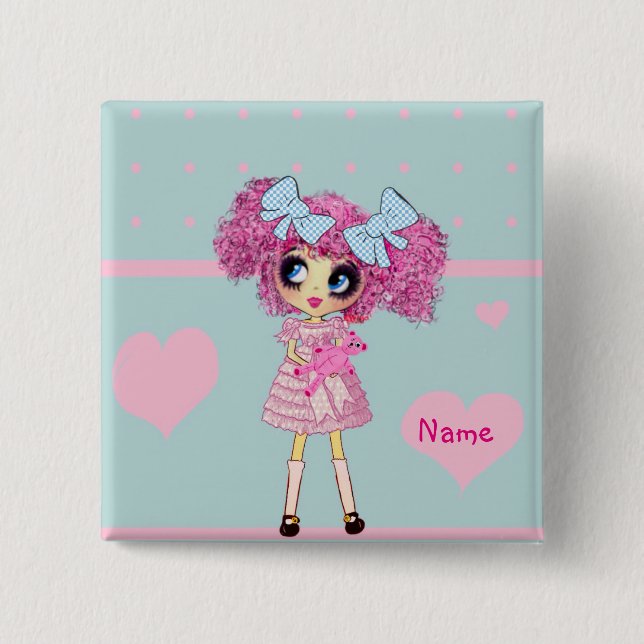 Chapa Cuadrada Kawaii Chica PinkyP azul pastel (Anverso)