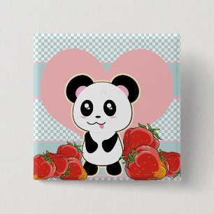 Chapa Cuadrada Kawaii Panda fresas lindas