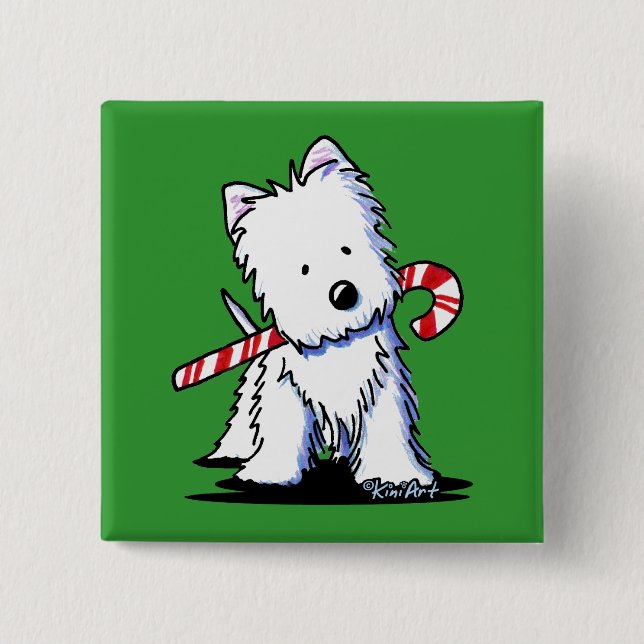 Chapa Cuadrada KiniArt Westie Candy Cane Cutie Pin (Anverso)