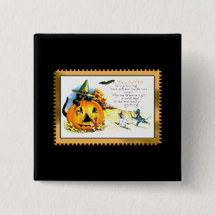 Chapa Cuadrada Kitty de Halloween sentado en Jack O Lantern