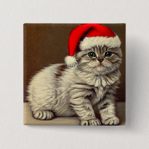 Chapa Cuadrada Kitty de Navidad vintage con sombrero Santa