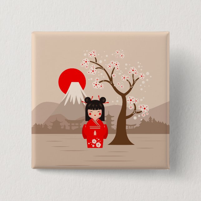 Chapa Cuadrada Kokeshi - Muñeca japonesa (Anverso)