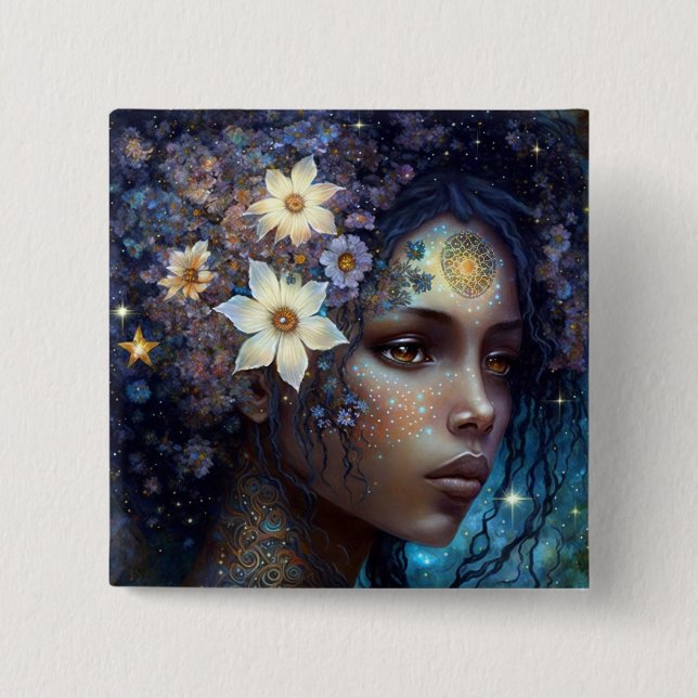 Chapa Cuadrada La diosa negra afroamericana reina arte de fantasí (Anverso)