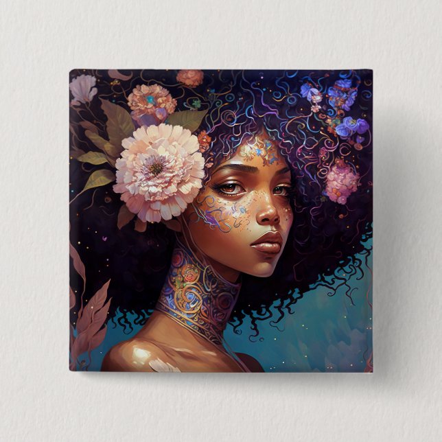 Chapa Cuadrada La diosa negra afroamericana reina arte de fantasí (Anverso)