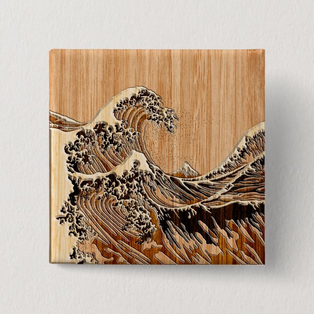 Chapa Cuadrada La Gran Ola de Hokusai Estilo de Grano de Madera d (Anverso)
