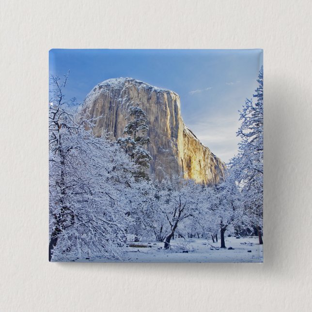 Chapa Cuadrada La luz del amanecer golpea El Capitan con nieve (Anverso)