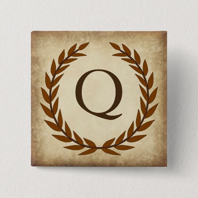 Chapa Cuadrada Laurel Wreath Aged Papyrus Monograma Inicial Q (Anverso)