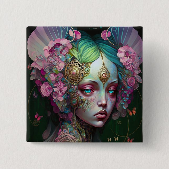 Chapa Cuadrada Lechuga verde rosa Fantasía arte (Anverso)