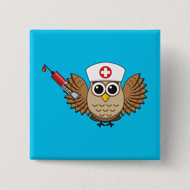 Chapa Cuadrada Lechuza de enfermera con Personalizado de jeringas (Anverso)