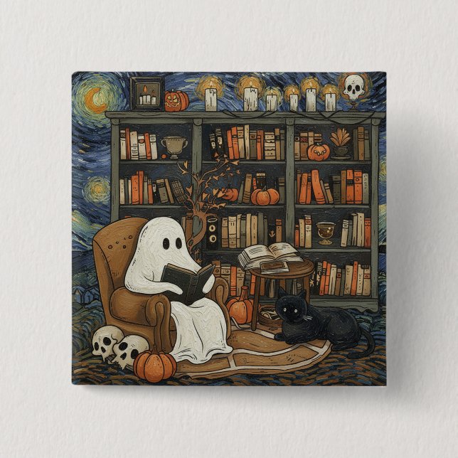 Chapa Cuadrada Lector de libros fantasma leyendo libro de literat (Anverso)