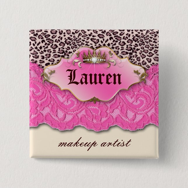 Chapa Cuadrada Leopard'n Lace Makeup Artista Crown rosado (Anverso)