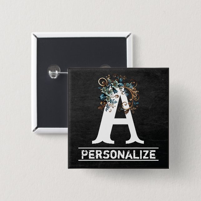 Chapa Cuadrada Letra monograma de pizarra con floral azul (Anverso y reverso)