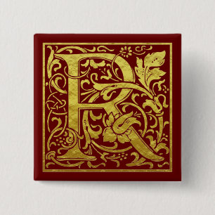 Chapa Cuadrada Letra R Primera Letra Faux Gold Red